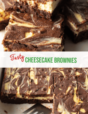 Pinterest graphic: Top image is a stack of cheesecake brownies, bottom image shows a top down view of the pan. The two images are split horizontally with a white banner that reads the recipe title in green: Cheesecake Brownies.