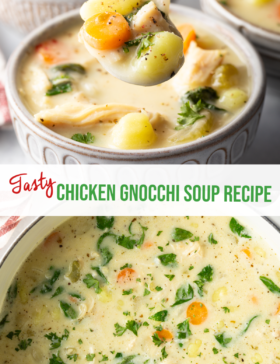 Pinterest graphic: Top image is a white bowl of Olive Garden chicken gnocchi soup. Bottom image is a top down view of chicken soup with gnocchi and veggies cooking in a large pot. The two images are split horizontally by a white banner that reads the recipe title in green: Chicken Gnocchi Soup Recipe.