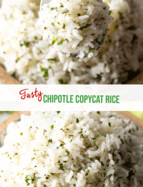 Pinterest graphic: Top image is a metal spoon scooping rice to camera. Bottom image is cilantro chipotle rice in a bowl. The two images are split horizontally by a white banner with the recipe name in green: Chipotle Copycat rice.