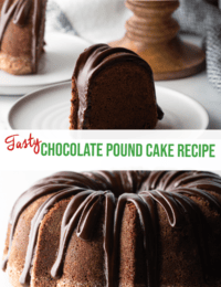 Pinterest graphic: Top image is a slice of chocolate cake on a white plate. Bottom image is a chocolate bundt cake drizzled with glaze. The two images are divided in half by a white banner that reads the recipe title: Chocolate Pound Cake Recipe.