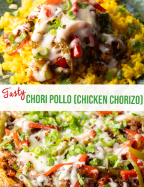 Pinterest graphic: Two images, top image is a chicken covered in cheese on a bed of yellow rice. Bottom image is a close up of the dish. The two images are split horizontally by a white banner that reads the recipe title in green: Chori Poll (Chicken Corizon).