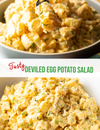 Pinterest image: Top image is a bowl of potato salad with fork taking a scoop. Bottom image is a top down view of the bowl. The two images are separated horizontally with a white banner that reads the recipe name in green: Deviled Egg Potato Salad.