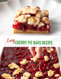 Pinterest image: Top image is a square cherry pie bar. Battom image is a hand adding dough crumbles to the top of cherry pie filling in a square pan. Two images are split by a white banner with green recipe description: Cherry Pie Bars Recipe.