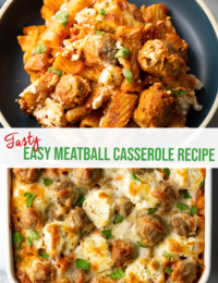 Pinterest graphic: Top image is top down view of casserole serving on a plate. Bottom image is a top down view of the baked casserole in the dish.