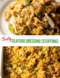 Pinterest image: Top image is a white plate of seafood stuffing. Bottom image is a view of the baking pan with dressing. The two images are separated by a white banner that reads the recipe name in green: seafood dressing (stuffing).