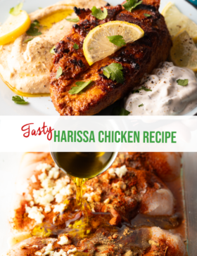 Pinterest graphic: Top image shows a harissa baked chicken breast on a white plate, nestled between a serving of hummus and serving of Tzatziki sauce, and topped with slices of fresh lemon. Bottom image shows hand adding oil from a measuring spoon to glass dish filled with raw chicken, spices, and chopped garlic. The two images are split horizontally by a white banner that reads the recipe title in green: Harissa Chicken Recipe.