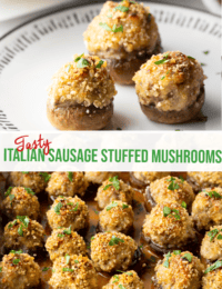 Pinterest graphic: Top image is 3 stuffed mushrooms on a white plate. Bottom image shows several mushrooms in a baking dish, all nestled together.