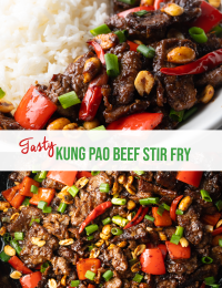 Pinterest image: Top image is a close up of beef with peppers and white rice. Bottom image is close up top down view of beef. Two images are split horizontally by a white banner with recipe name: Kung Pao Beef Stir Fry.