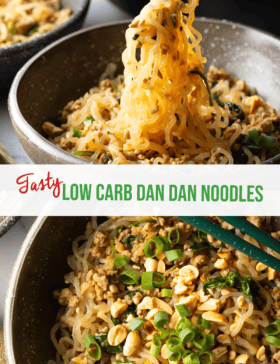 Pinterest graphic: Top image is a fork tossing dan dan noodles in a black bowl. Bottom image is a top view of spicy Szechuan noodles in a bowl topped with green onion slices. The two images are split horizontally by a white banner that reads Low Carb Dan Dan Noodles in green.