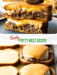 Pinterest graphic: Top image is two triangles of sandwiches on top of each other, skewer with a small pickle going through the top. Bottom image is a melt on top of an open faced sandwich. Images are split horizontally by green text with recipe title: patty melt recipe.