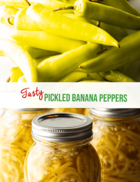 Pinterest graphic. Top image is a pile of raw yellow banana peppers. Bottom image is 4 large jars of canned pickled banana peppers. The two images are split horizontally by a white banner that reads the recipe name in green: Pickled Banana Peppers.