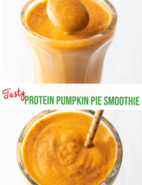 Pinterest graphic: Top image is a glass with a metal spoon showing a spoonful of shake to camera. Bottom image is a glass of smoothie with straw. The two images are separated by a white banner with the recipe name in green: Protein Pumpkin Pie Smoothie.