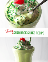 Pinterest image. Long image is split in two by recipe banner, top image is top down view of a green milkshake with cherry. Bottom image is a side view of the same shake.