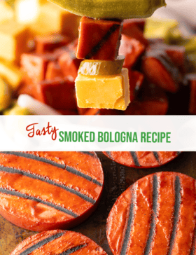 Pinterest graphic: Top image shows a toothpick stacked with a cube of cheddar cheese, cube of smoked bologna, and a pickled okra. Bottom image shows smoked 3 rounds of bologna with grill marks. The two images are split in half by a white banner that reads the recipe title in green: Smoked Bologna Recipe