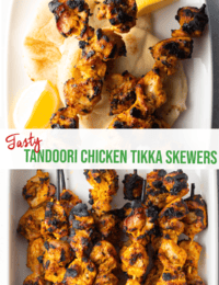 Pinterest image: Top image is three chicken skewers on a plate with lemon. Bottom image is a white baking dish with half a dozen tikka kabobs. Two images are split horizontally with a white banner that reads the recipe title: Tandoori Chicken Tikka Skewers.