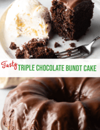 Pinterest graphic: Top image is a slice of chocolate glazed cake on a white plate, with serving of vanilla ice cream and fork on the plate. Bottom image is a full triple chocolate Bundt cake with thick chocolate glaze. The two images are split horizontally by a white banner that reads the recipe title in green: Triple Chocolate Bundt Cake.